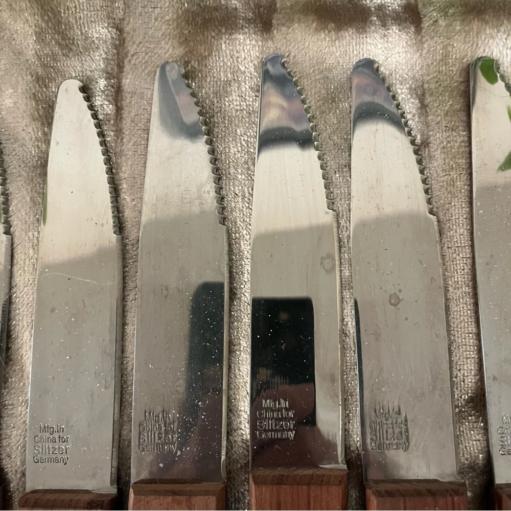 NWOT GERMANY KNIVES STEAK SLITZER Tang Thru Handle 7 Stainless Wooden Handles
